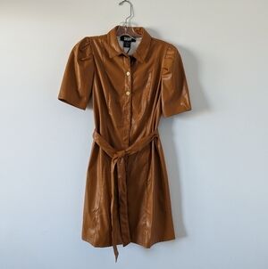DKNY Women's Faux Leather Shirt Dress, Size 4, Caramel BrownPuff Sleeve Pleated